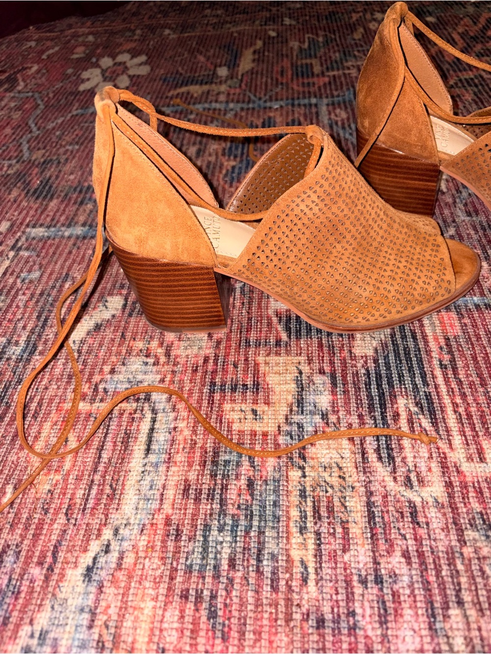 Vince Camuto Tan Cut out Suede, Open-Toe, Block Heel Lace-Up